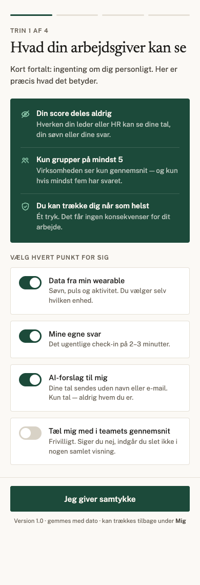 App-skærm: samtykke. Hvad din arbejdsgiver kan se, og fire samtykker du vælger hver for sig