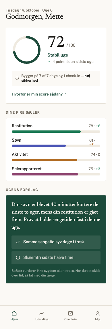 App-skærm: Betr-score 72 af 100, fire søjler og ugens forslag